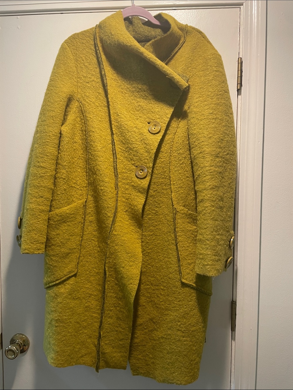 Made in Italy Amazing Wool-Blend Chartreuse Trench Coat Asymmetric Button Front